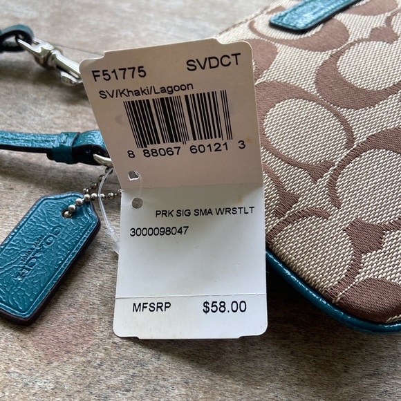 NWT Coach F51775 Park Signature Small Wristlet Bag in Khaki/Lagoon - Picture 7 of 9